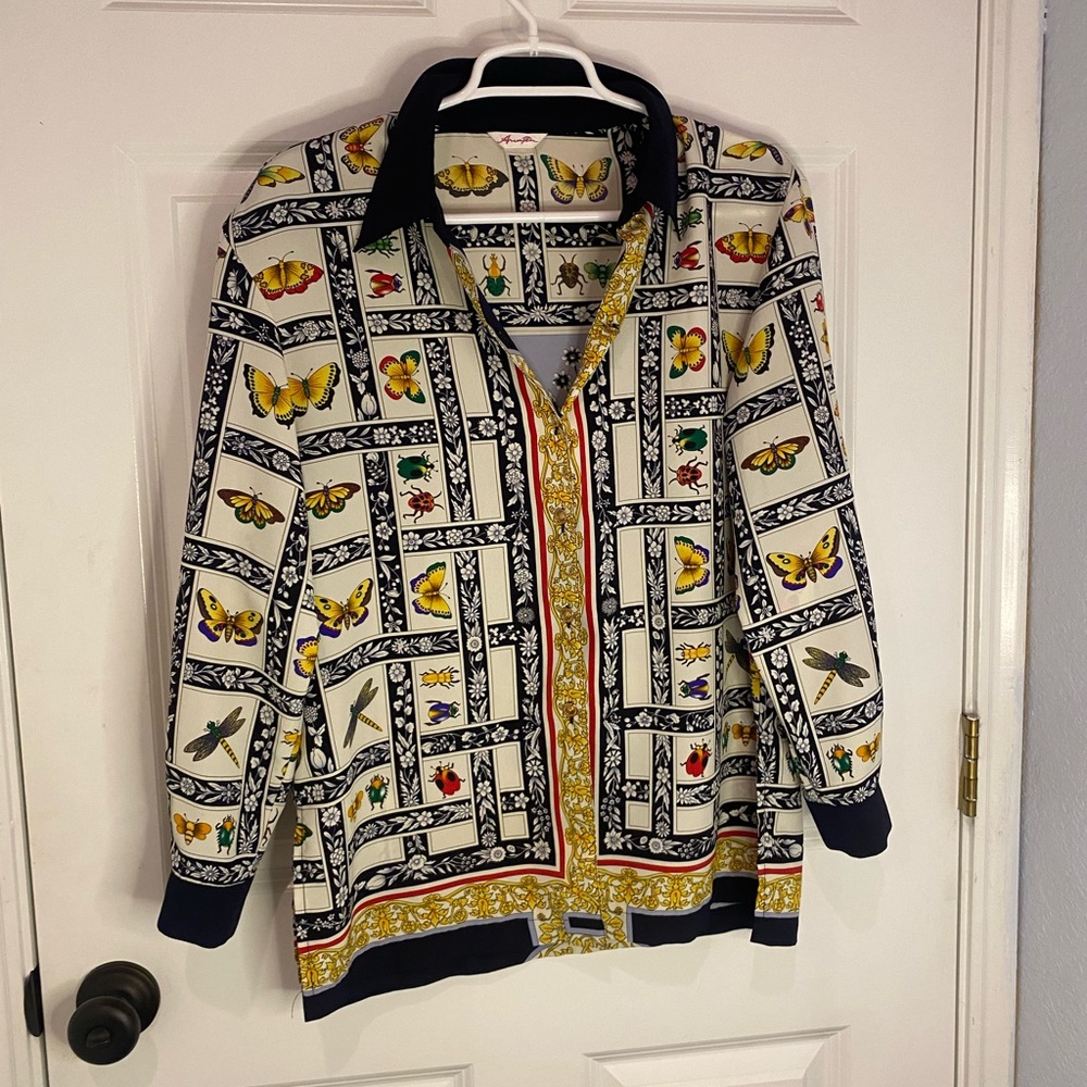 Vintage insect long sleeve button up blouse